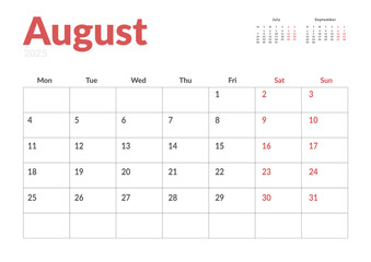 Monthly page Calendar Planner Template of August 2025. Vector layout of calendar with week start Monday for Scheduling. Page for size A4 or 21x29.7 cm