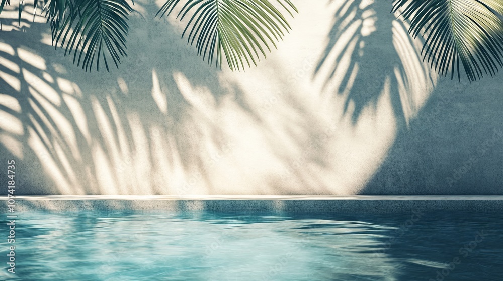 Sticker 26.A minimalist tropical summer scene featuring a smooth concrete wall, casting soft shadows from large palm leaves swaying gently overhead. In the foreground, the clear blue water of a luxurious