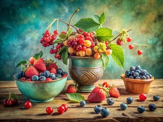 Vintage Style Watercolor Berries Still Life: A Charming Arrangement Captured in Soft Pastels, Evoking Nostalgia and Nature's Beauty in a Classic Photographic Style