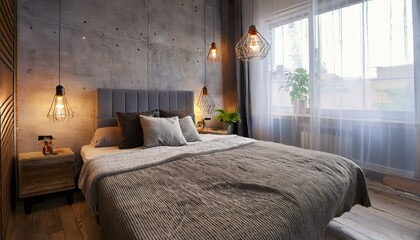 Bedroom interior design with an industrial concept and vintage lighting.