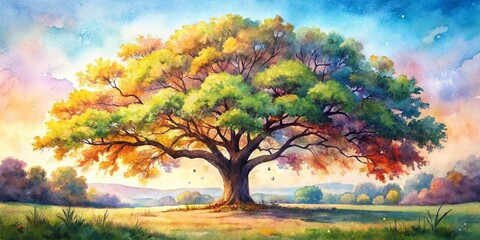 Naklejka premium Vintage Style Watercolor Oak Tree - Captivating Artistic Representation of Nature's Timeless Beauty in Soft Pastel Hues and Natural Textures for Home Decor or Art Collection