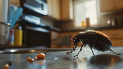 A close-up view of a cockroach on a kitchen countertop, with visible food particles nearby, highlighting cleanliness issues in domestic spaces.
