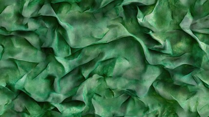 Emerald green tie dye fabric pattern with crumpled texture showcasing handmade watercolor designs for unique textile applications