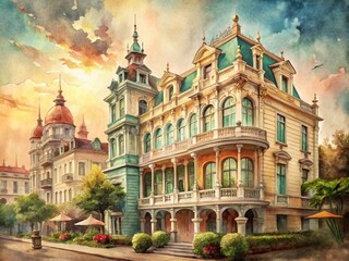 Obraz premium Vintage Watercolor Architecture: A Beautifully Artistic Blend of Timeless Structures Captured in Soft Pastels and Gentle Hues, Showcasing Architectural Elegance Through a Vintage Lens