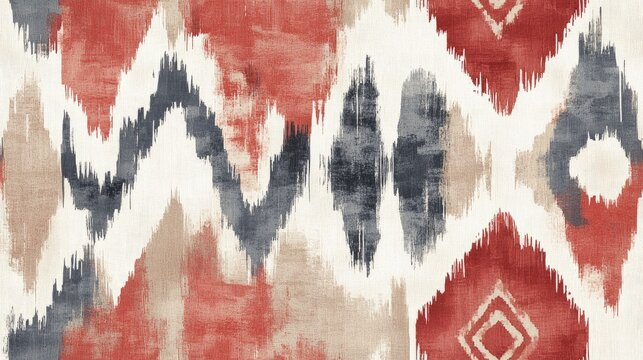 Colorful seamless pattern featuring red beige and grey watercolor ethnic designs perfect for textile printing and swimwear geometric ikat chevron