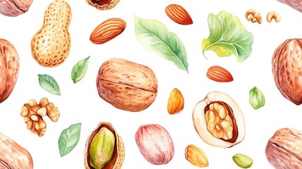 Colorful seamless pattern featuring an array of watercolor nuts including walnuts pistachios hazelnuts macadamia nuts and cashews ideal for packaging and textile design