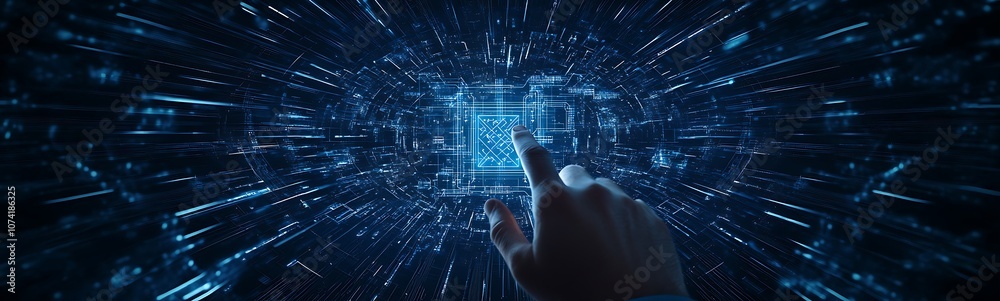 Poster a futuristic hand reaching towards a digital interface, surrounded by streams of data and glowing pa