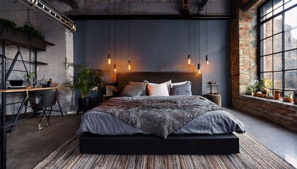 Bedroom with an industrial concept, featuring a bed and metal decor.