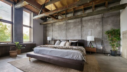 Industrial bedroom with a bed, concrete walls, and exposed beams.