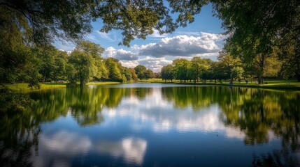 Fototapeta premium 58.A tranquil lakeside scene at Patsull Park, with the summer sky reflected in the still water of the fishing lake. The lush green trees frame the view, and their reflections create a perfect mirror