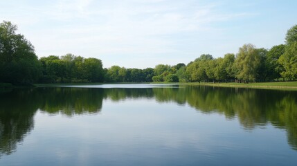 58.A tranquil lakeside scene at Patsull Park, with the summer sky reflected in the still water of the fishing lake. The lush green trees frame the view, and their reflections create a perfect mirror