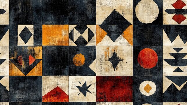 Geometric embroidery seamless pattern featuring black retro designs chalky Navajo motifs and an alabaster watercolor texture