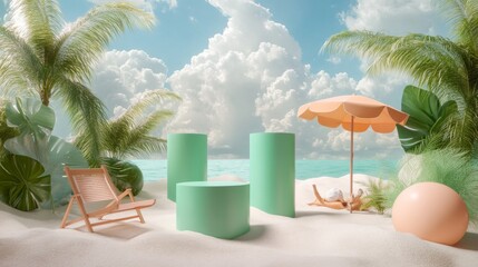 Fototapeta premium 24.A tropical beach setup for a summer sale display, with three green podiums on soft sand, surrounded by coconut trees and a large beach umbrella. A beach chair sits next to a playful beach ball,