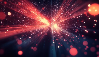 Naklejka premium Abstract red and blue light streaks radiating from the center of a dark background with bokeh.