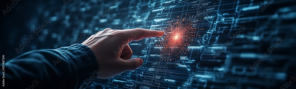 Leinwandbilder a hand reaching towards a glowing point in a digital matrix, symbolizing interaction with technology