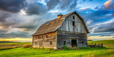 Obraz premium Weathered Grey Barn Wood in a Rustic Landscape with Space for Text and Branding, Evoking Nostalgia and History in a Serene Farm Setting