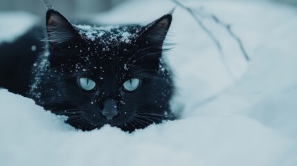 Cute black cat in white snow