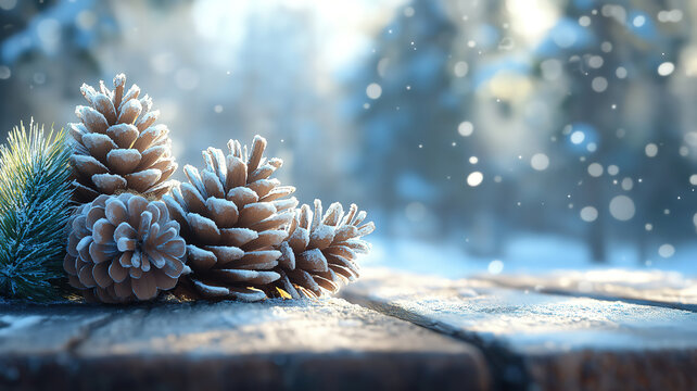 Snowy wooden table adorned with fir branches and frosty pine cones for a festive winter banner