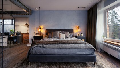 Bedroom with a bed and a contemporary industrial feel.