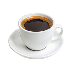 A steaming cup of black coffee in a white ceramic mug on a saucer.