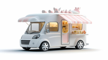 Food truck eatery cafe on wheels. 3D isolated white background