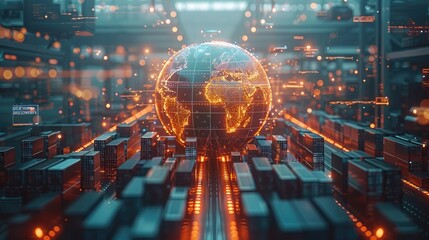 Obraz premium A digital globe surrounded by the global logistics network with icons of trucks and cargo containers in motion
