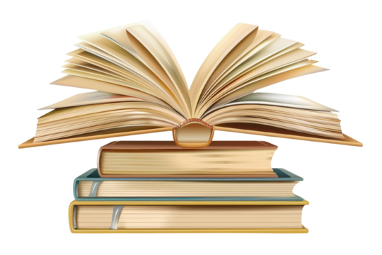 A stack of colorful books with an open book on top, representing knowledge and learning.