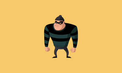 Cartoon thief in striped sweater and mask standing firmly.