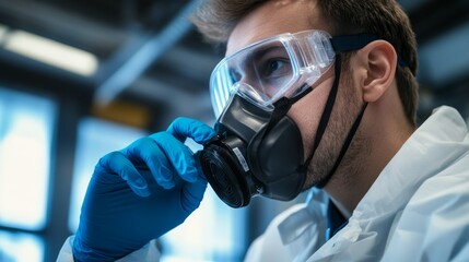 A focused individual wearing protective gear, including gloves and a mask, in a lab setting, emphasizing safety in scientific work.