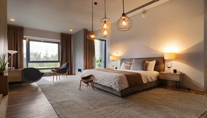 Cozy hotel room with hanging lights and an industrial design.