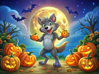 Fototapeta premium 3D Cartoon Werewolf Illustration Collection for Kids Celebrating Halloween Night with Spooky Elements, Perfect for Children's Parties and Themed Events