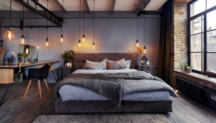Industrial-style bedroom with hanging lights and a soft bed.