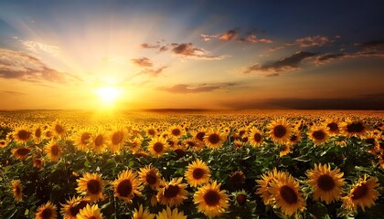 Fototapeta premium A vibrant field of sunflowers illuminated by a stunning sunset, creating a warm and picturesque landscape.