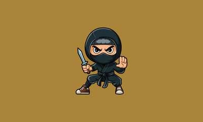 Cartoon ninja in fighting stance holding a small knife.