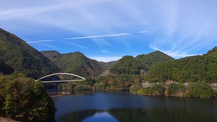 Fototapeta premium ダム湖と白い橋