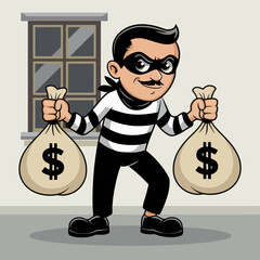 Cartoon thief holding money bags in striped outfit.