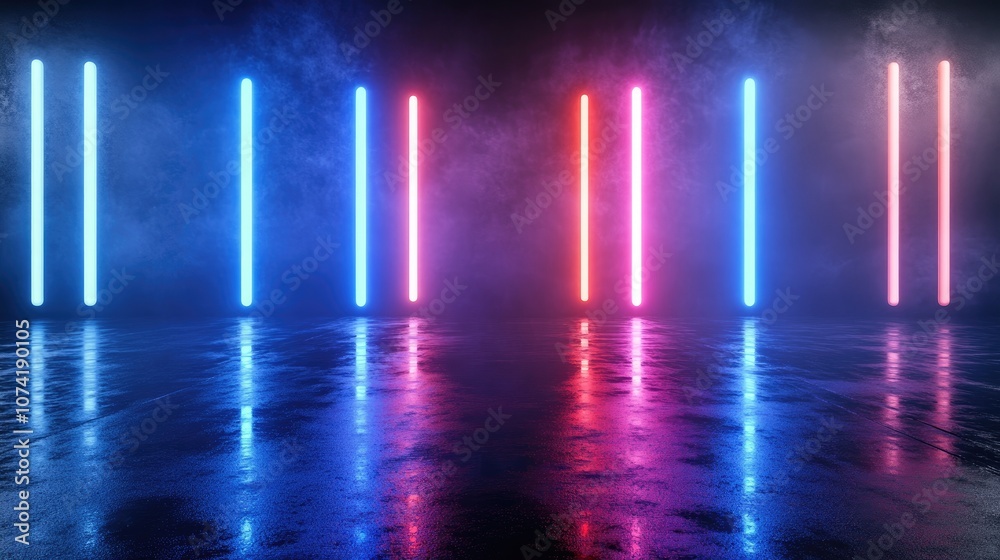 Poster 3d rendering of an empty background scene with the dark reflection of a street on wet asphalt featur