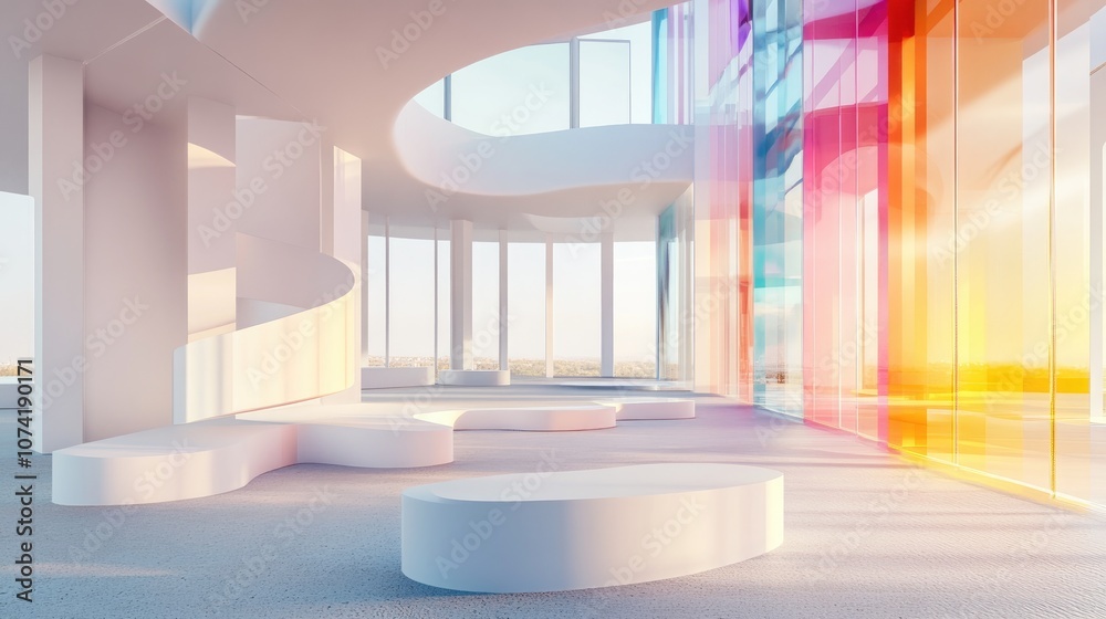 Wall mural 3d rendering of an abstract interior featuring white and colored gradient glass elements with window