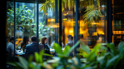 A photograph of a business meeting in a glass-enclosed conference room, seen through the glass from an outside perspective. The atmosphere is calm and focused.