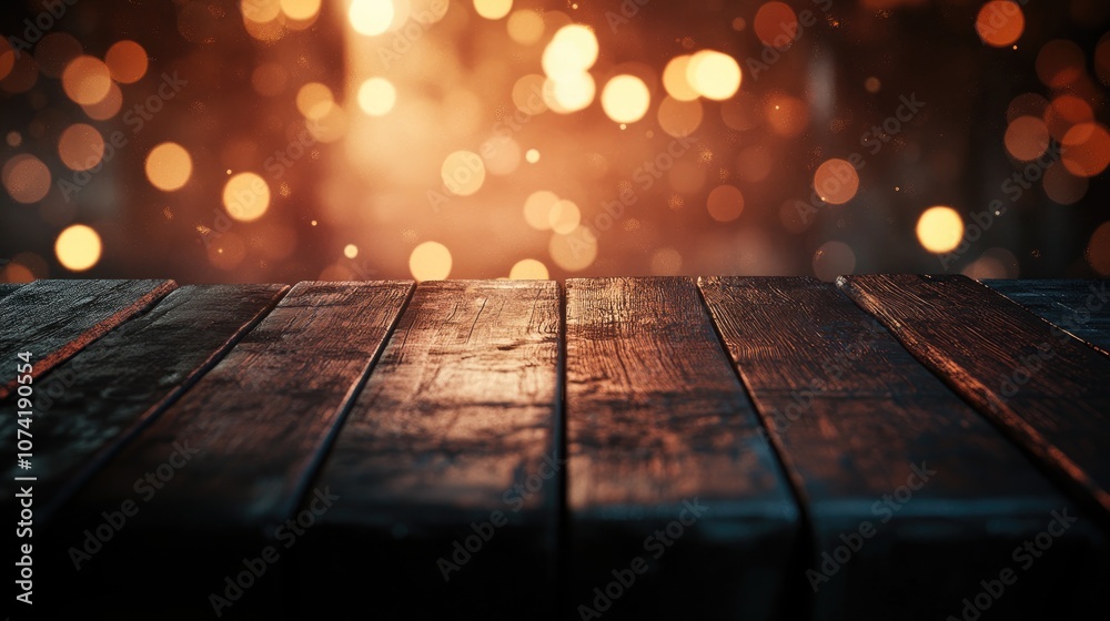 Poster 3d rendering of an empty dark wooden table with an abstract blurred bokeh background ideal for showc