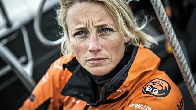 A woman with blonde hair looks intently at the camera while wearing an orange jacket on a boat