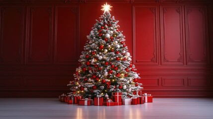 3D rendering of a beautifully decorated Christmas tree in red and white colors