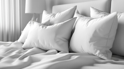 3D rendering of a pile of monochrome pillows on the edge of a bed