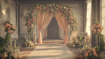 3D rendering of vintage style wedding decorations featuring cloth and flowers