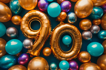  90th Birthday Balloons Golden 90 balloons surrounded by colorful balloons on a blue background Use this photo to promote a 90th birthday party or create a festive design