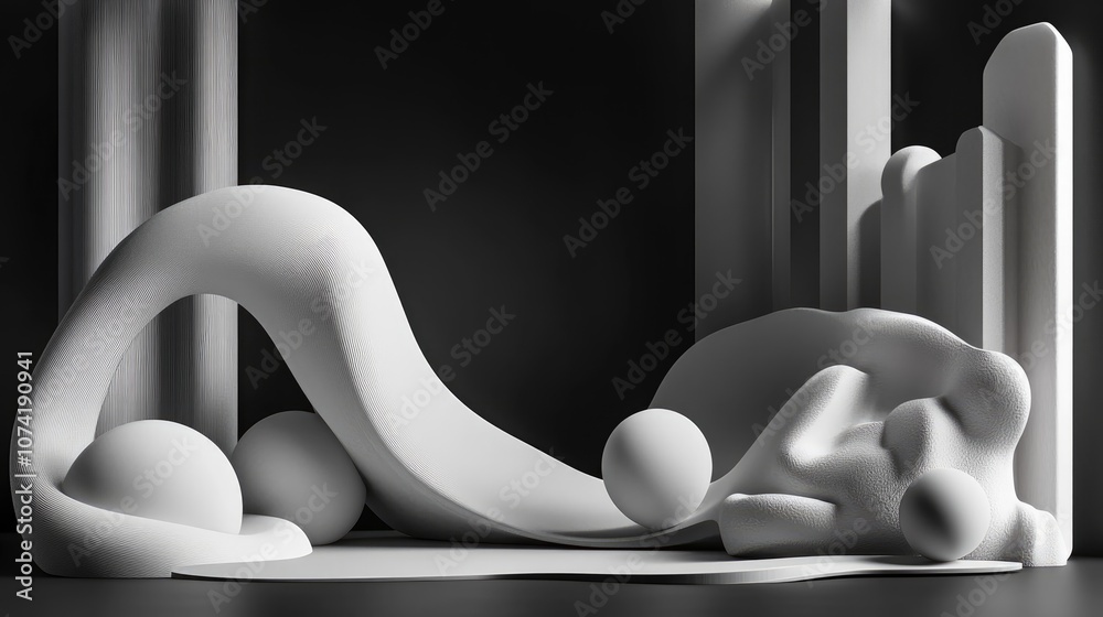 Poster dynamic abstract interior featuring smooth white objects against a black backdrop 3d rendering and i