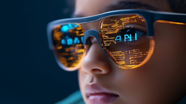  AI Person wearing futuristic sunglasses with AI reflected in the lenses Perfect for sci fi themed decor or tech inspired designs