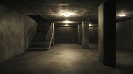 Empty interior of a dark basement with concrete walls featuring a 3D rendering of architectural...