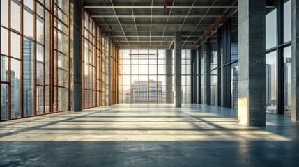 Fototapeta premium 3D rendering of a steel bar frame structure with cement pouring in a high rise building set against an urban industrial construction backdrop