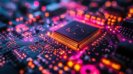 Close-up of a circuit board with vibrant lights and a microchip.